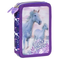 Penar echipat cu două compartimente pentru fete, model I love horses, mov