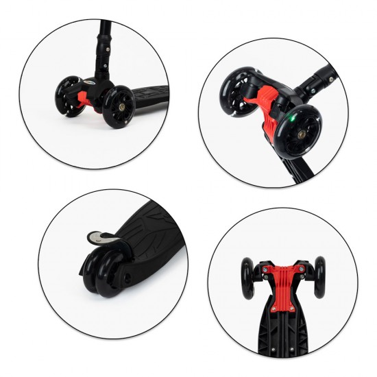 Trotinetă pliabilă WIGO, cu 3 roți și lumini LED, pentru copii, negru