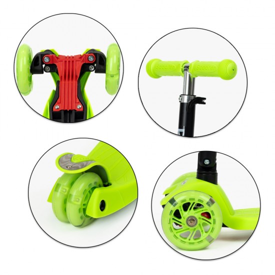 Trotinetă pliabilă WIGO, cu 3 roți și lumini LED, pentru copii, verde