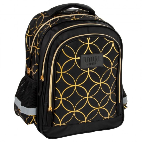 Ghiozdan copii cu 2 compartimente, model geometric auriu pe fundal negru - Derform