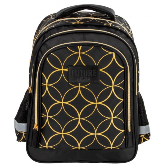 Ghiozdan copii cu 2 compartimente, model geometric auriu pe fundal negru - Derform