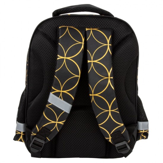 Ghiozdan copii cu 2 compartimente, model geometric auriu pe fundal negru - Derform