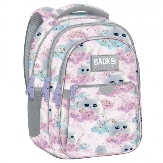 Ghiozdan ergonomic fete cu 3 compartimente, BackUp, model galactic pisică