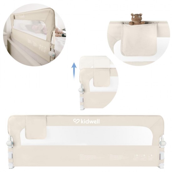 Protecție laterală pat, Cori Beige 150 cm, înălțime reglabilă 50-65 cm, cu plasă respirabilă și un buzunar