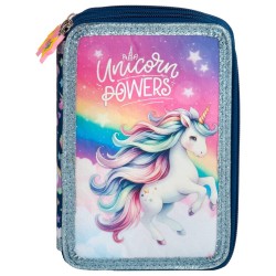 Penar copii cu trei compartimente, echipat cu rechizite - model UNICORN - Derform