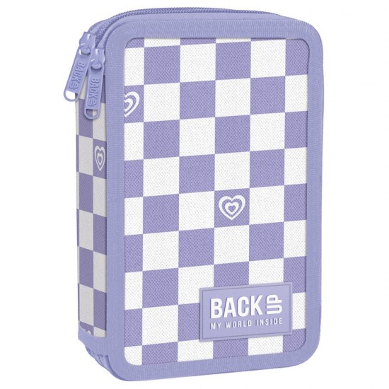 Penar fete cu două compartimente, echipat cu rechizite, BackUp, model carouri mov