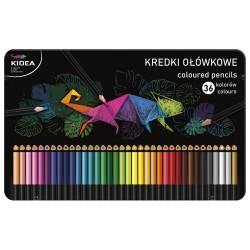 Creioane colorate triunghiulare Kidea, în cutie metalică - 36 culori