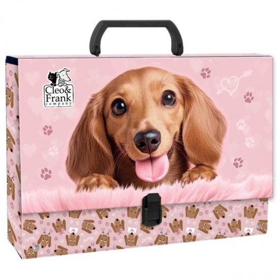 Mapă din carton laminat cu mâner, închidere cu clemă, A4, Cleo&Frank, model cățel - Derform, 10cm