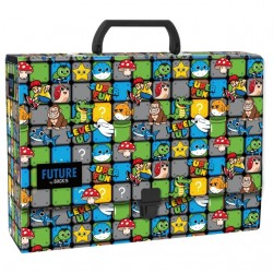 Mapă din carton laminat cu mâner, închidere cu clemă, A4, model Mario - Derform, 10 cm