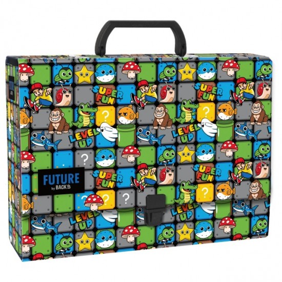 Mapă din carton laminat cu mâner, închidere cu clemă, A4, model Mario - Derform, 10 cm