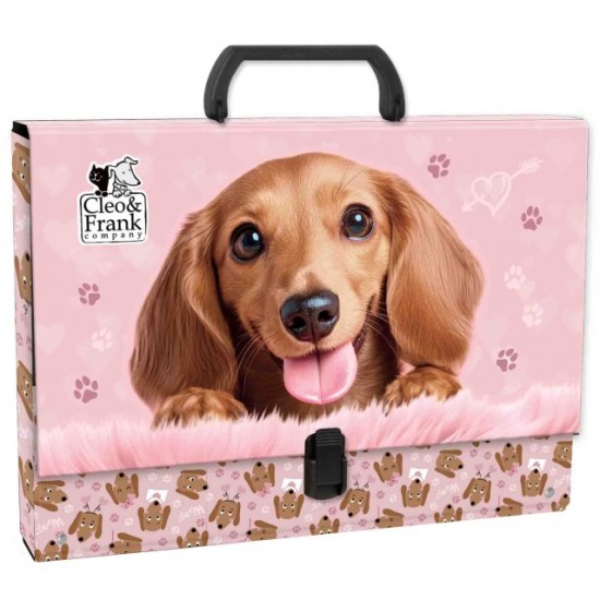 Mapă din carton laminat cu mâner, închidere cu clemă, A4, Cleo&Frank, model cățel - Derform, 5cm