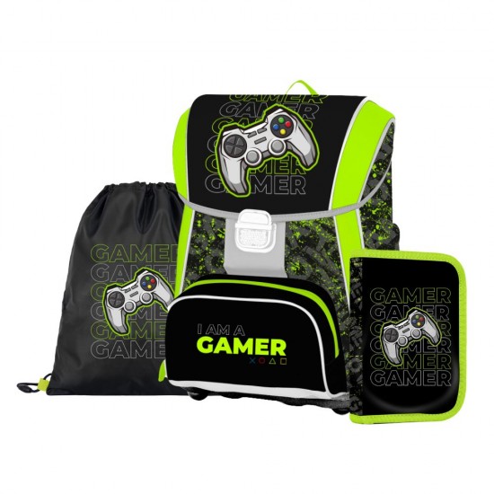 Premium Cool Gamer set de ghiozdan ergonomic pentru școală (ghiozdan, penar și sac de sport) pentru băieți – 3 piese - Oxybag