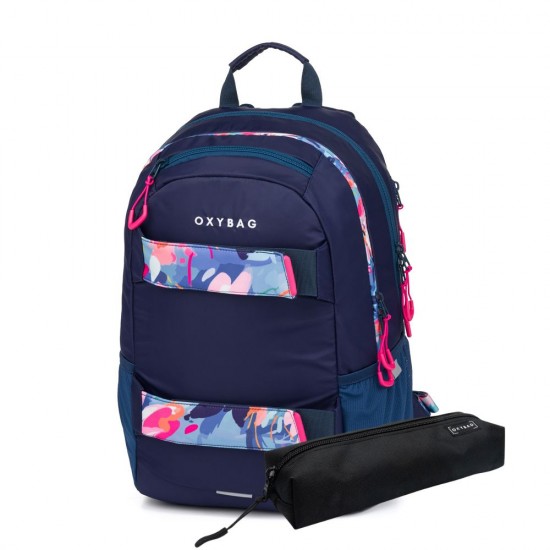 Rucsac și ghiozdan pentru școală, cu penar  - OXY SPORT FLOWERS BLUE