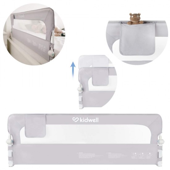 Protecție laterală pat, Cori GRAY 150 cm, înălțime reglabilă 50-65 cm, cu plasă respirabilă și un buzunar