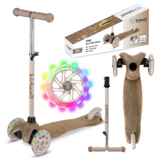 Trotinetă copii cu 3 roți, Kidwell Uno Glitter gold LED