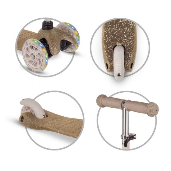 Trotinetă copii cu 3 roți, Kidwell Uno Glitter gold LED