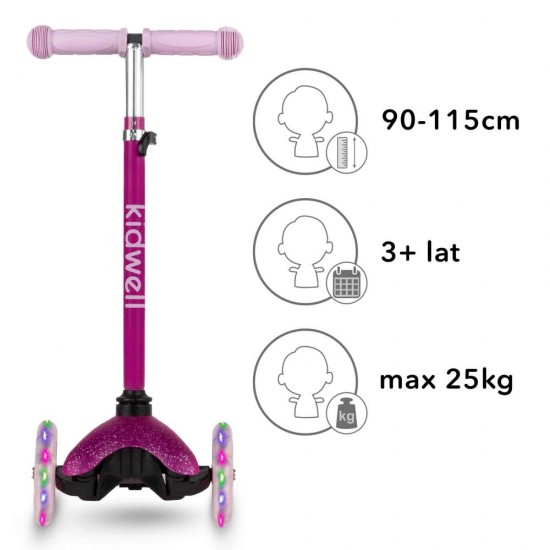 Trotinetă copii cu 3 roți, Kidwell Uno Glitter pink LED