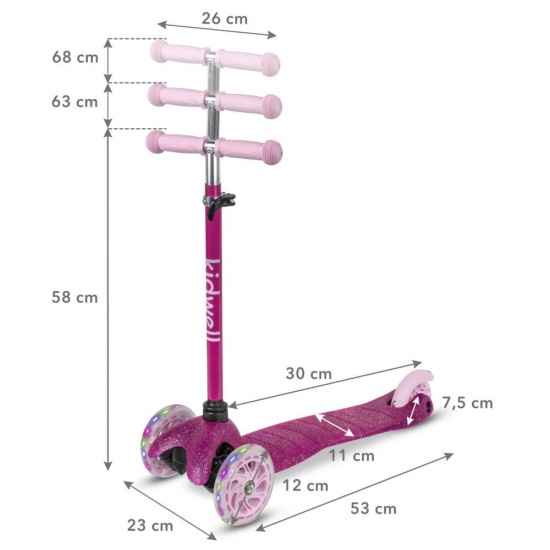 Trotinetă copii cu 3 roți, Kidwell Uno Glitter pink LED