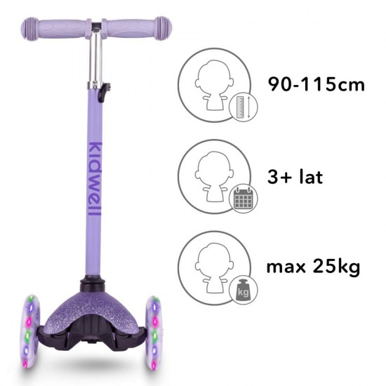 Trotinetă copii cu 3 roți, Kidwell Uno Glitter violet LED