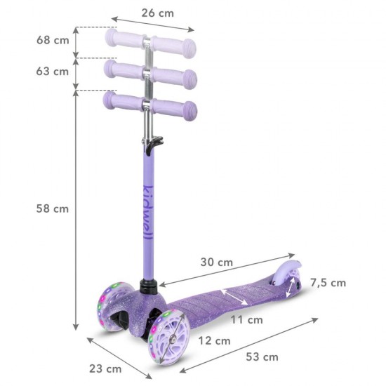 Trotinetă copii cu 3 roți, Kidwell Uno Glitter violet LED
