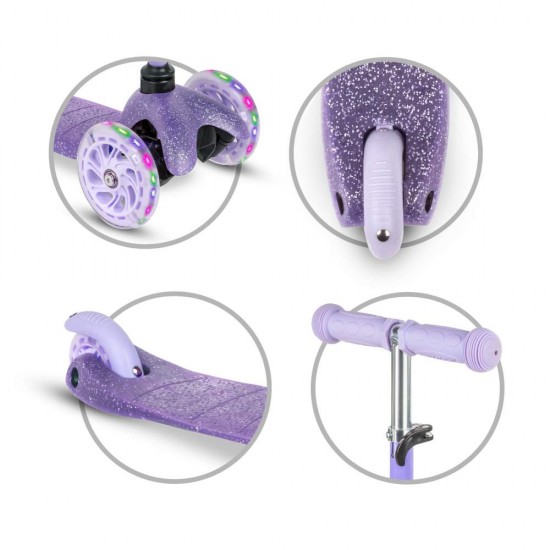 Trotinetă copii cu 3 roți, Kidwell Uno Glitter violet LED