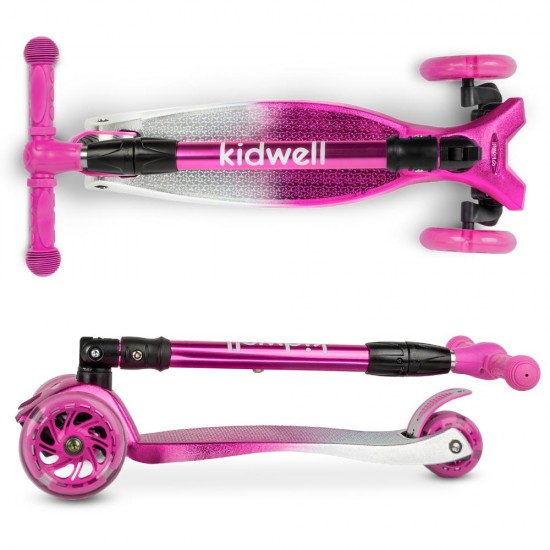 Trotinetă pliabilă pentru copii, cu lumini LED, Kidwell Vento Pink - Silver