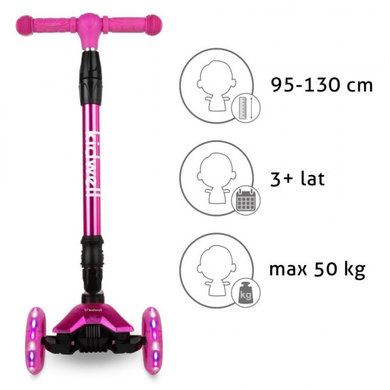 Trotinetă pliabilă pentru copii, cu lumini LED, Kidwell Vento Pink - Silver