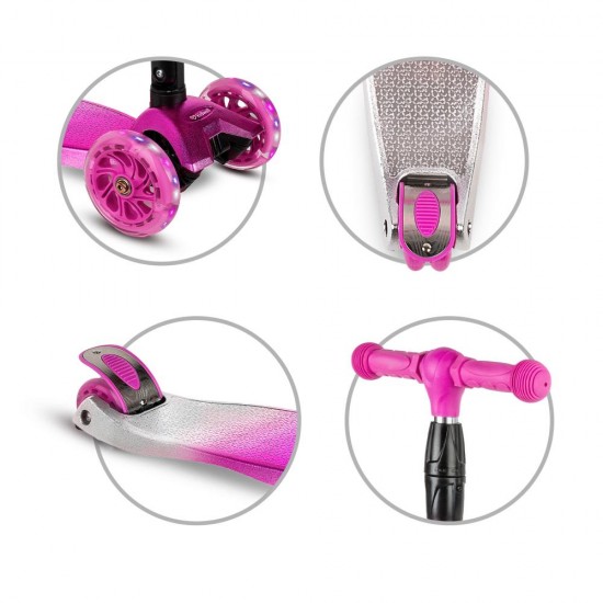 Trotinetă pliabilă pentru copii, cu lumini LED, Kidwell Vento Pink - Silver