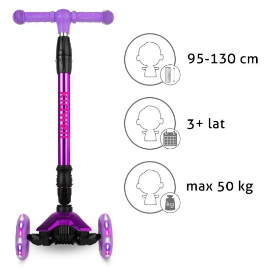 Trotinetă pliabilă pentru copii, cu lumini LED, Kidwell Vento Pink - Violet