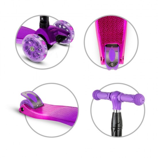 Trotinetă pliabilă pentru copii, cu lumini LED, Kidwell Vento Pink - Violet