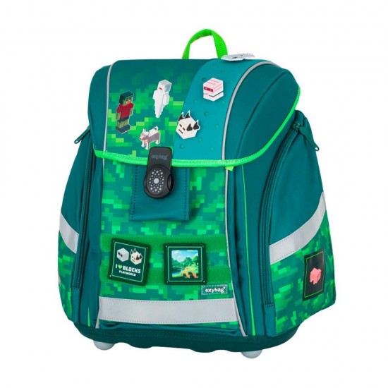 Ghiozdan ergonomic pentru băieți Premium Light, model Minecraft Playword, verde - Oxybag