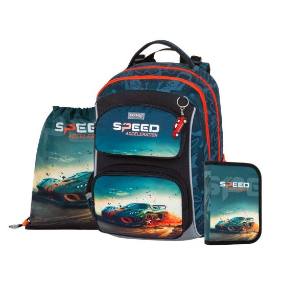 Set de școală: ghiozdan ergonomic, penar și rucsac tip sac cu șnur pentru băieți, 3 piese - Speed Oxy Jumper, Oxybag