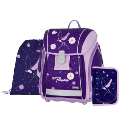 Set de școală: ghiozdan ergonomic, penar și sac de sport pentru fete, 3 piese - PREMIUM LIGHT Flowers Colibri, Oxybag
