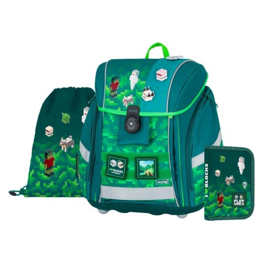 Set școală pentru băieți: ghiozdan, rucsac, penar - model Minecraft Playworld Premium Light , Oxybag