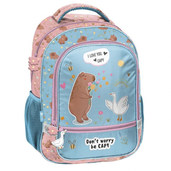 Ghiozdan fete pentru școală, model Be Happy cu Capybara turcoaz - Paso