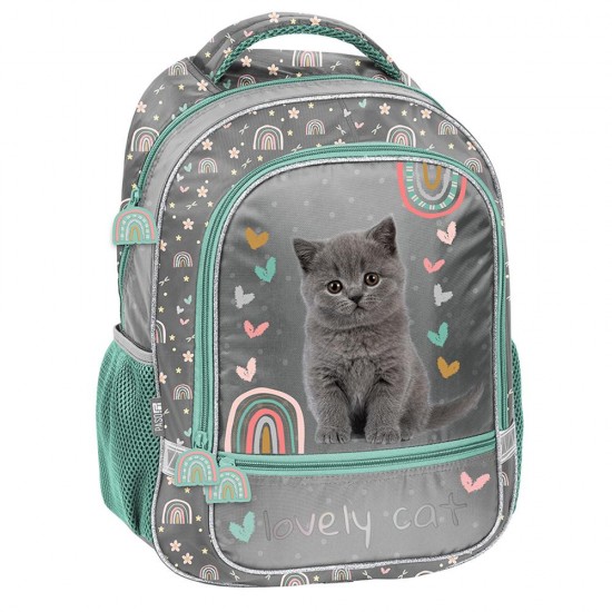 Ghiozdan pentru școală, model Lovely Cat turcoaz-argintiu  - Paso