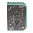 Penar copii cu un compartiment, fără rechizite, pliabil, model Lovely Cat turcoaz-argintiu- Paso