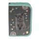 Penar copii cu un compartiment, fără rechizite, pliabil, model Lovely Cat turcoaz-argintiu- Paso