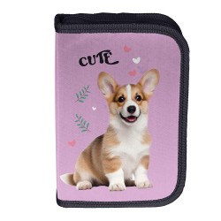 Penar copii cu un compartiment, cu rechizite, pliabil , model pui de corgi, albastru -mov - Paso