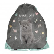 Rucsac copii tip sac cu șnur, model Lovely Cat turcoaz-argintiu- Paso