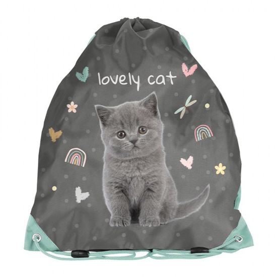 Rucsac copii tip sac cu șnur, model Lovely Cat turcoaz-argintiu- Paso